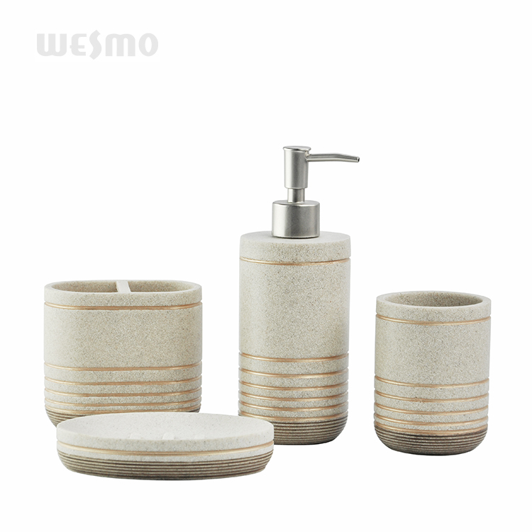 Hot Sale Good Quality Gold Stripes Four Piece Polyresin Bathroom Accessories Set